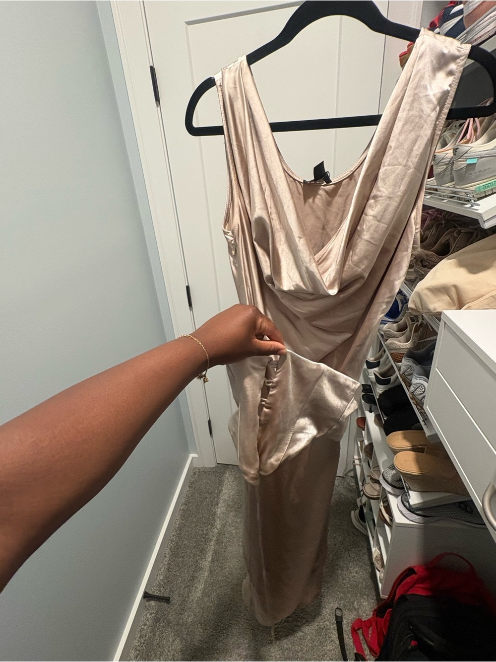 PrettyLittleThing Satin Cowl Slip Dress in Champagne Beige with Corset